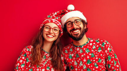 Happy couple in christmas hats and pajamas 
