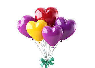 Scene with red, purple, and yellow heart balloons for happy birthday