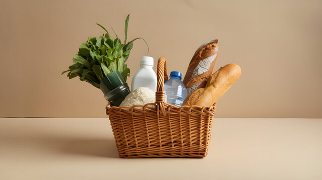 A minimalist grocery basket with essential items like rice, bread, and water, symbolizing the basic needs that should be accessible to all. (indicates World Poverty Day).
