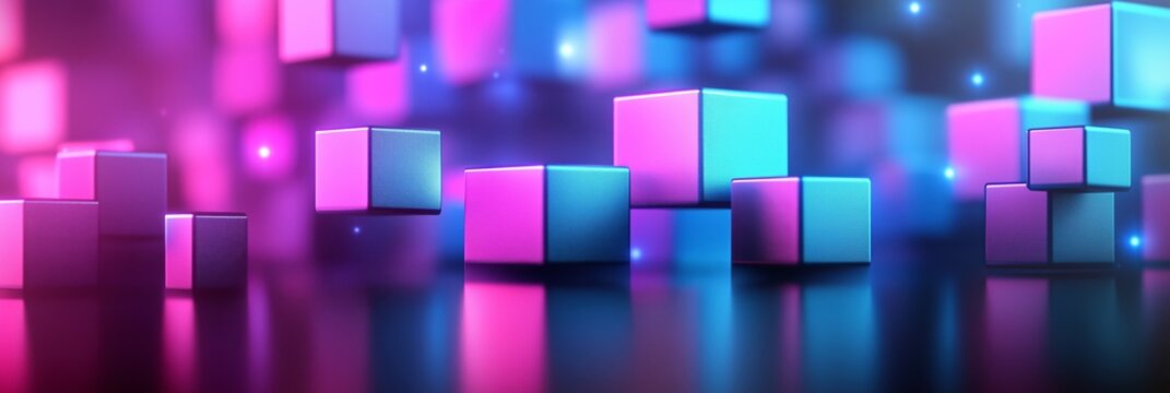 Abstract background with neon glowing cubes in blue and purple colors.