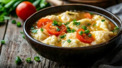 A delicious bowl of soft dumplings in a savory broth, garnished with sliced tomatoes and green onions, resting on a rustic wooden table.