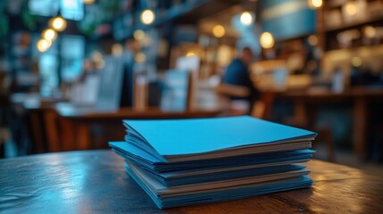 Stack of blue notebooks on a wooden table in a cafe.