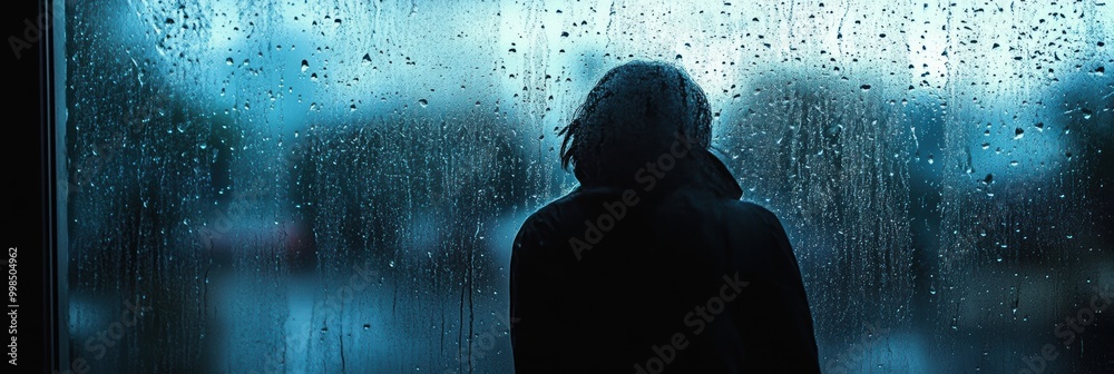 Poster a person stands by a window, reflecting silently while watching raindrops trickle down the glass, su