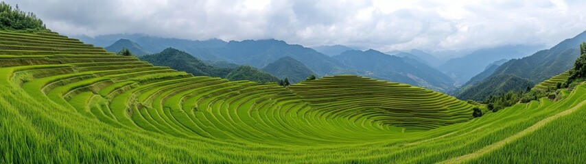 Obraz premium Panoramic view of rice terrace with mountains and sky