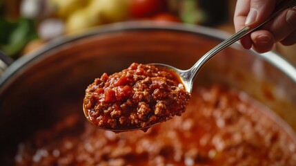 Hand Retaining a Serving Spoon of Real Bolognese Sauce: An Italian tomato and meat sauce known as ragu alla bolognese is served in a spoon over a big pot.