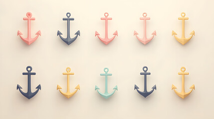 Minimal pastel anchor set of icons with rounded edges and pastel tones placed on a clean background