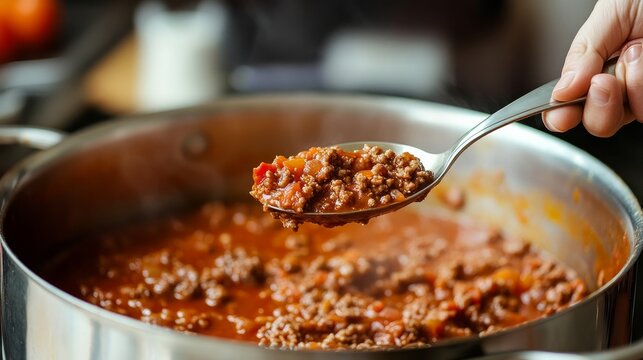 Hand Retaining a Serving Spoon of Real Bolognese Sauce: An Italian tomato and meat sauce known as ragu alla bolognese is served in a spoon over a big pot.
