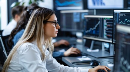 Diverse Data Analysts Team Collaborating in Open Office with AI Data Processing