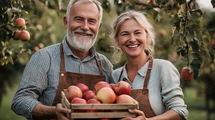 Fototapeta premium Cheerful mature man and woman wearing aprons, posing together in an orchard, holding a crate full of apples during harvest season