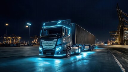 Fototapeta premium Hybrid trucks loading cargo at a shipping dock