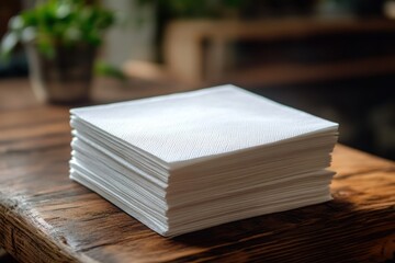 A stack of white paper napkins on a wooden table.