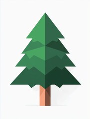 A Christmas tree with a flat geometric design with layers of green triangles and a brown trunk on a white background.