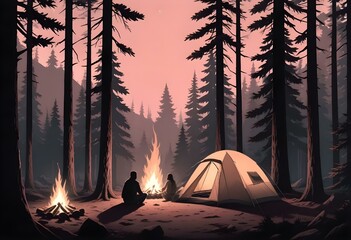 A black and white illustration depicting a camping scene with a tent surrounded by pine trees in the foreground