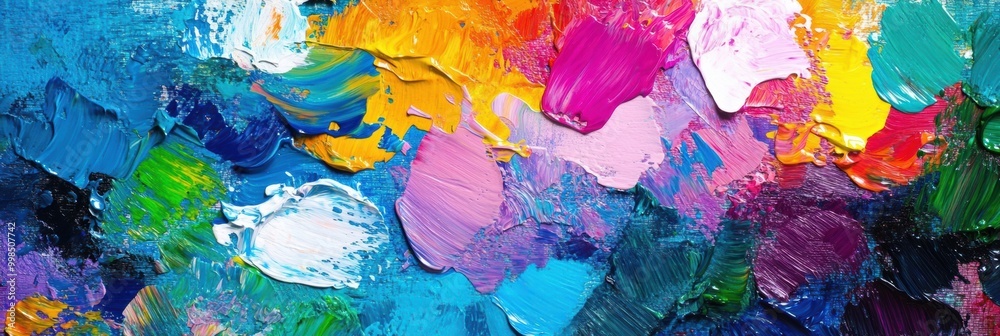 Poster colorful paint splashes on a palette and brushes poised to craft abstract designs on a canvas filled