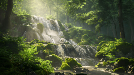 Enchanting Forest Waterfall Bathed in Sunlight