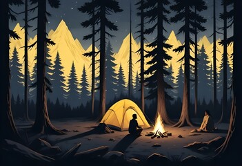 A black and white illustration depicting a camping scene with a tent surrounded by pine trees in the foreground