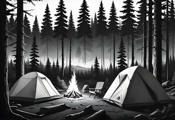 A black and white illustration depicting a camping scene with a tent surrounded by pine trees in the foreground
