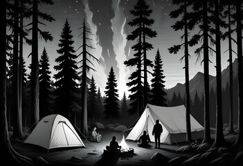 A black and white illustration depicting a camping scene with a tent surrounded by pine trees in the foreground