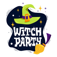Witch party. Green witch hat and broom isolated white background. Holiday Halloween illustration. Vector Handwritten Inscription. Creepy shabby text for sticker, design Invitation, greeting card