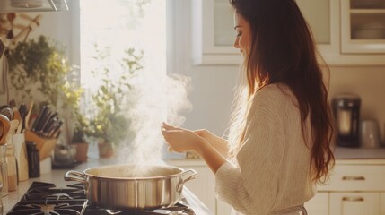 Happy Young Woman Cooking Soup in Bright Kitchen