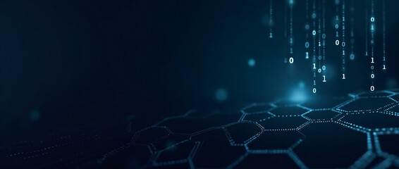 Obraz premium Struttura esagonale con codici binari- connessioni dati in ambiente virtuale