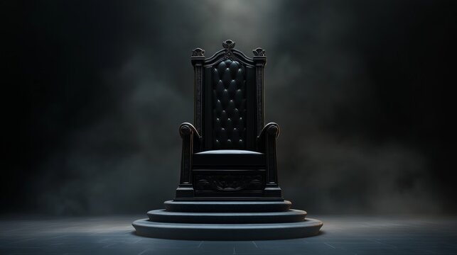 An ornate black throne sits alone on a circular pedestal surrounded by eerie mist in a darkened environment.