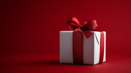 Obraz premium White gift box with red ribbon and tag on vibrant red background