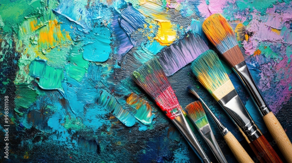 Poster Bright splashes of color surround paintbrushes, transforming a blank canvas into an expressive abstract artwork in a painter's studio. Generative AI