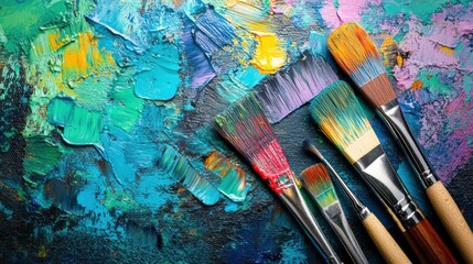 Obraz premium Bright splashes of color surround paintbrushes, transforming a blank canvas into an expressive abstract artwork in a painter's studio. Generative AI