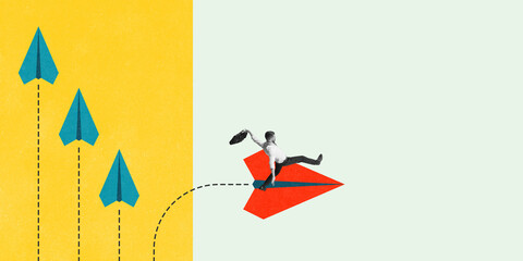 Businessman confidently jumping on red flying paper plane, symbolizing leadership and ambitions for...