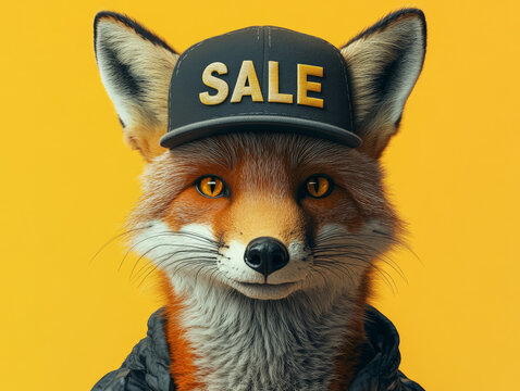 Ein schlauer Fuchs hat eine Sale Cap auf. Gestaltungskonzept f&uuml;r Rabat, Verkaufsaktion, Black Friday, Sonderangebot