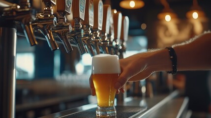 Bartender pouring draft beer into frosty glass at modern bar with sleek beer taps