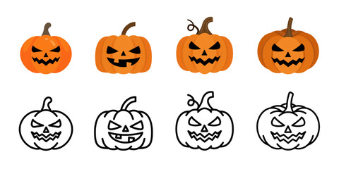 Halloween pumpkin icon set. Scary face pumpkin vector illustration collection. Funny Halloween face symbol. Orange holiday decoration. Cartoon smiling evil character clip art.