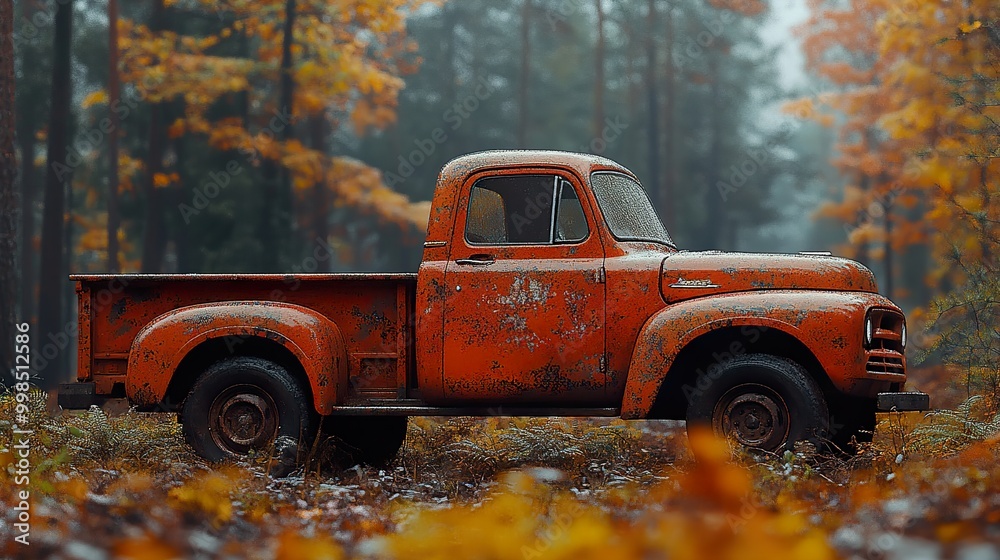 Poster Vintage Red Truck in Autumn Forest