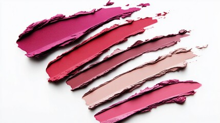 Fototapeta premium Lipstick swatches in bright and neutral tones arranged in parallel horizontal streaks, artfully displayed on white.