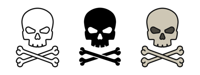 Skull with bones icon. Pirate skeleton logo. Danger or toxic symbol. Skull with crossed bones vector illustration. Crossbones warning sign. Death pictogram. Halloween concept.