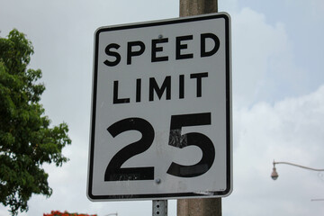 Rectangular white speed limit 25 traffic sign on metal pole