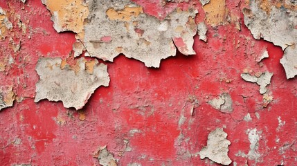 This image captures a detailed view of a weathered red wall with peeling paint, emphasizing aged textures and colors.