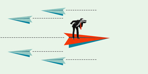 Businessman riding red paper airplane, while others fly in different directions. Innovation and...