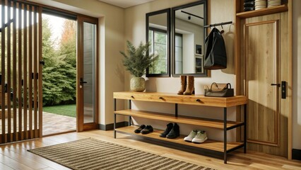 Contemporary Wooden Entrance Hallway Decor Featuring Cozy Tones, Stylish Furniture Desk, Stand, and...