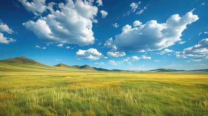 Obraz premium A vast, grassy field stretches towards rolling hills under a bright blue sky dotted with white clouds.