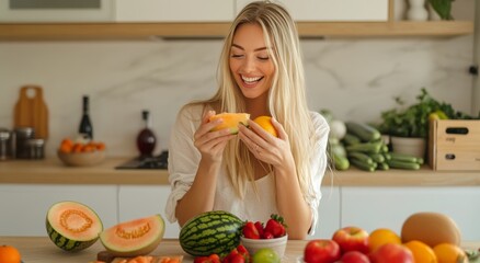 A smiling blonde woman sits at a table in the kitchen with various fruits and vegetables.
