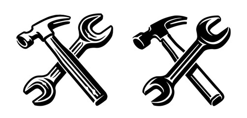 Hammer and wrench icon. Repair tools crossed symbol. Construction work, workshop emblem