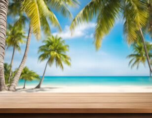 Obraz premium Top of wood table with sea sky and coconut tree background 