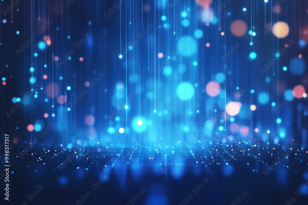 Wall mural abstract blue blurred background with glowing dots and lines, a technology or digital data concept g