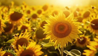 Fototapeta premium Sunflower Field with Bees in Bright Sunlight