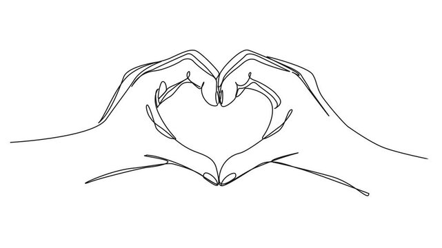 animated continuous single line drawing of two hands making a heart shape, line art animation