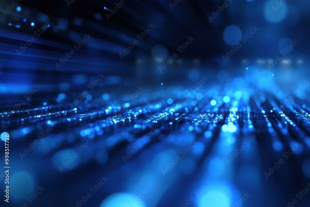 Wall mural abstract blue blurred background with glowing dots and horizontal lines, a technology or digital des