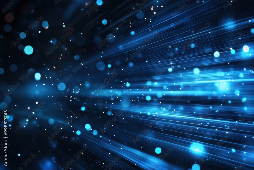 Wall mural abstract blue background with blurred lines and dots, glowing effect digital technology concept, web