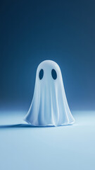 Cute white ghosts on minimalist color background with copy space